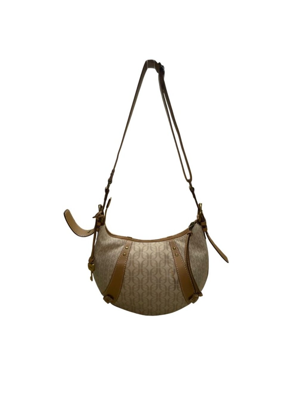 Fossil Women’s Beige Logo Pattern & Brown Leather Trim Adjustable Strap Hobo Bag